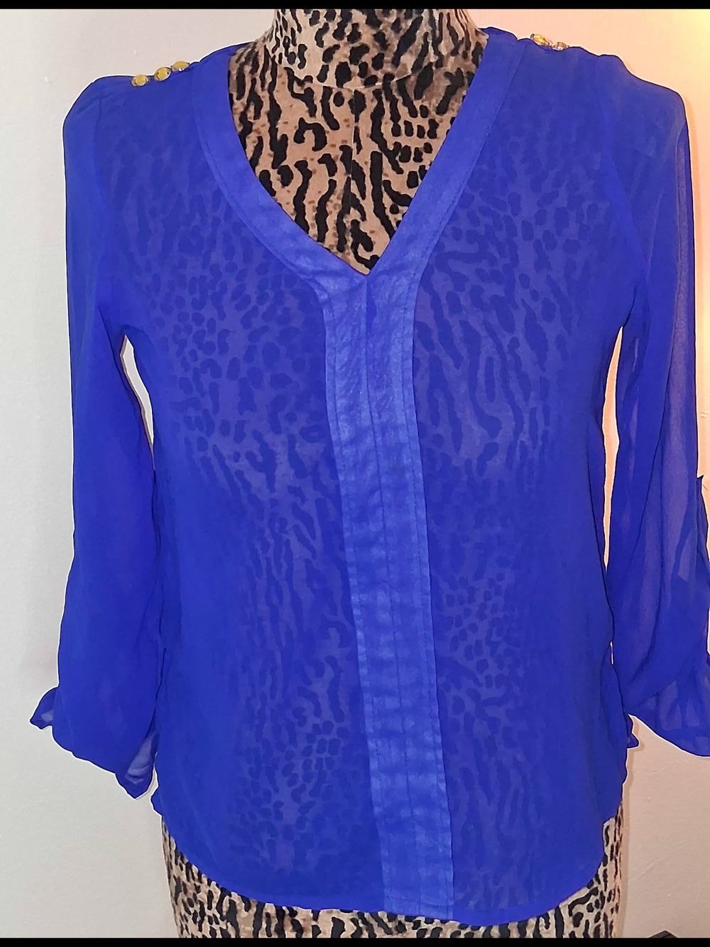Sheer V-Neck Women’s Blouse in Royal Blue